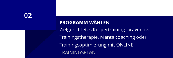 02 PROGRAMM WÄHLEN Zielgerichtetes Körpertraining, präventive Trainingstherapie, Mentalcoaching oder Trainingsoptimierung mit ONLINE - TRAININGSPLAN